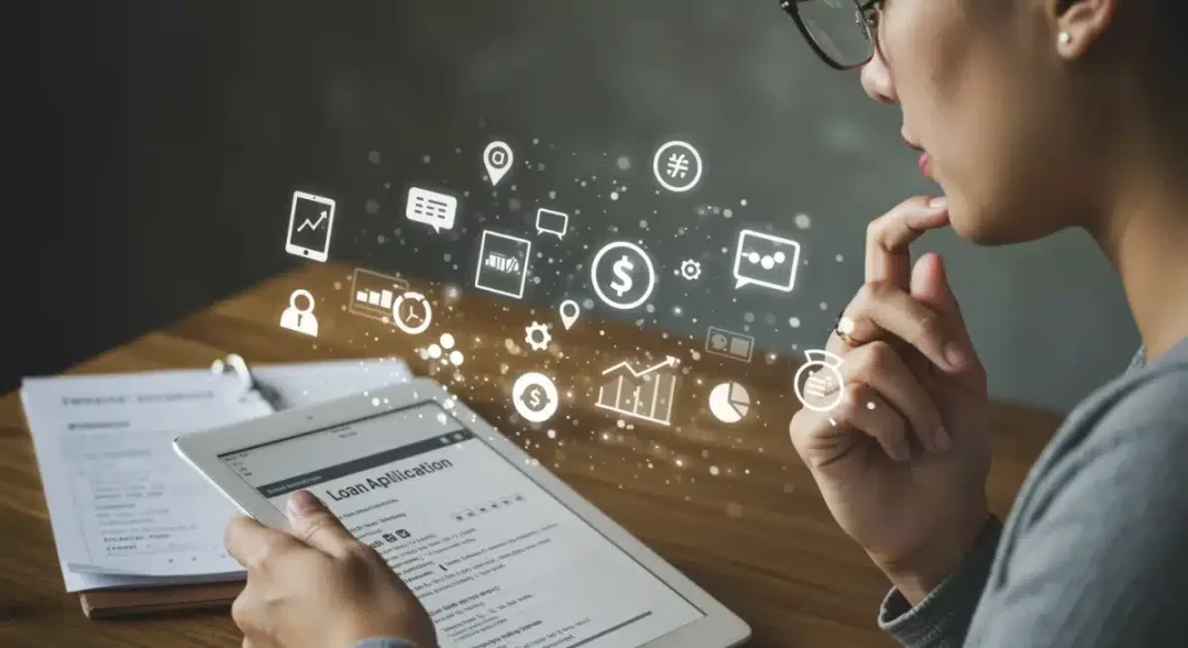 Individual reviewing loan application on tablet, financial icons