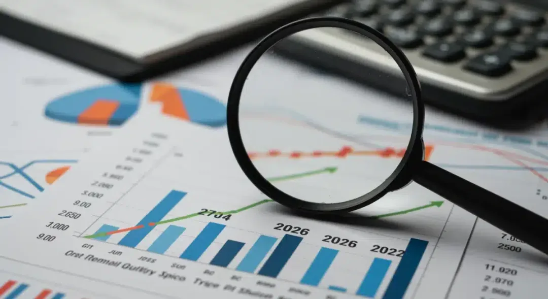 Credit score graph with magnifying glass on 2026, financial documents
