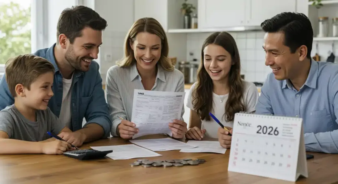 Happy family reviewing tax documents for 2026 fiscal year
