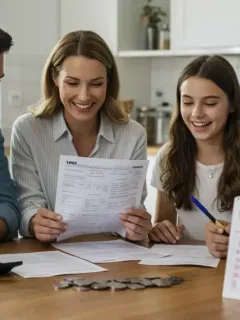 Happy family reviewing tax documents for 2026 fiscal year