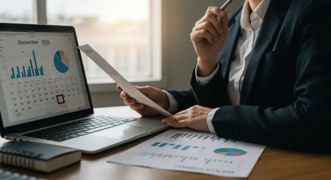 Financial professional analyzing 401(k) statements with a calendar marking the 2026 deadline.