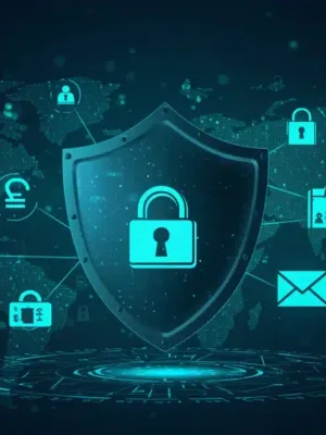 Cybersecurity shield protecting financial data from phishing attacks