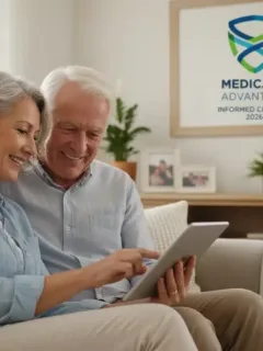 Senior couple comparing Medicare Advantage plans on a tablet for 2026