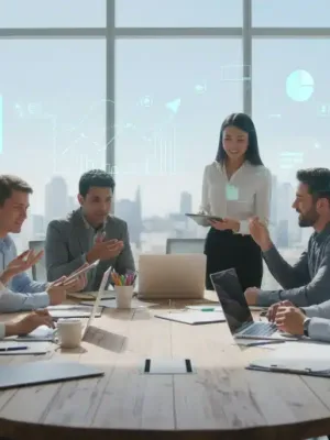 Professionals discussing employee benefits in a modern office setting.