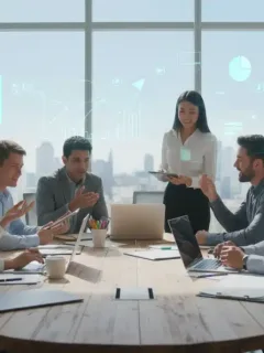 Professionals discussing employee benefits in a modern office setting.