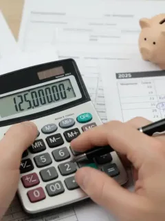 Hands calculating health savings with documents and calendar.