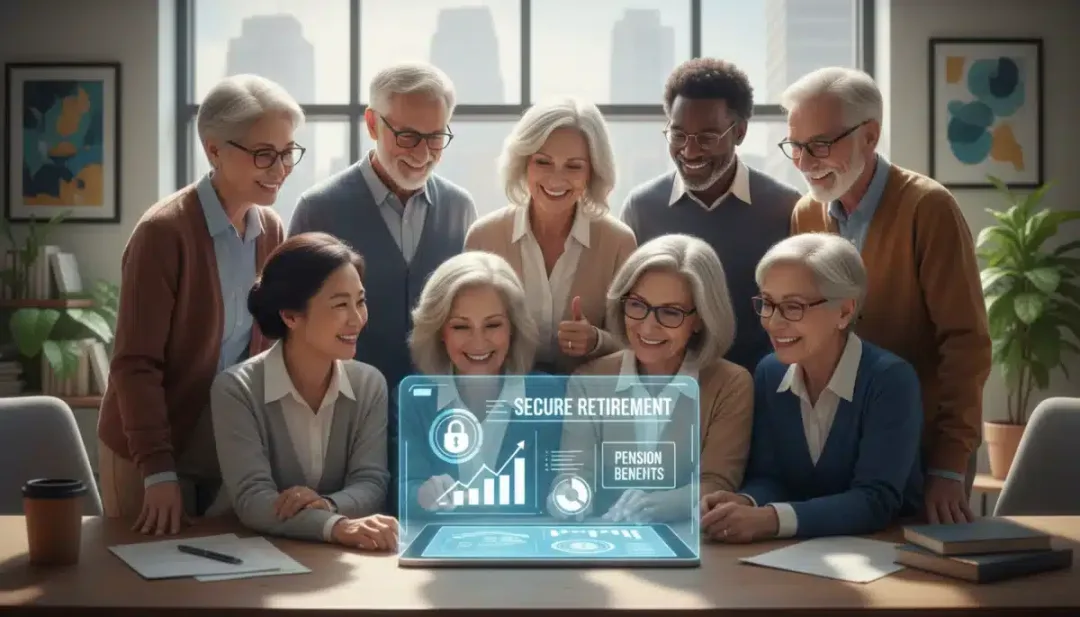Seniors reviewing pension benefits information on a tablet, symbolizing secure retirement