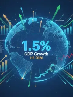 Infographic showing 1.5% GDP growth forecast for H2 2026 amid global economic challenges.