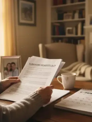 Woman reviewing Survivors Benefits 2026 documents with calendar