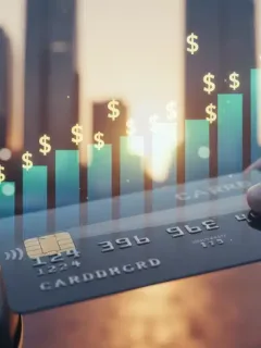 Credit card with rising debt graph, symbolizing high consumer credit card debt