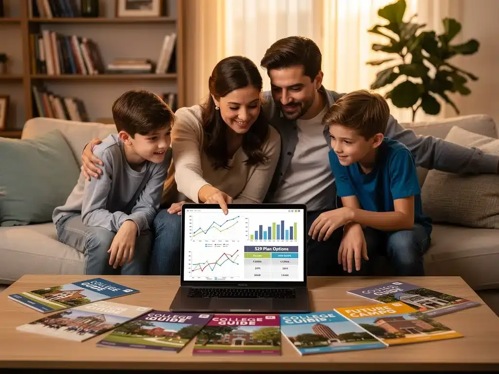 Family reviewing financial documents and college savings plans on a laptop for future education