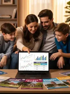 Family reviewing financial documents and college savings plans on a laptop for future education