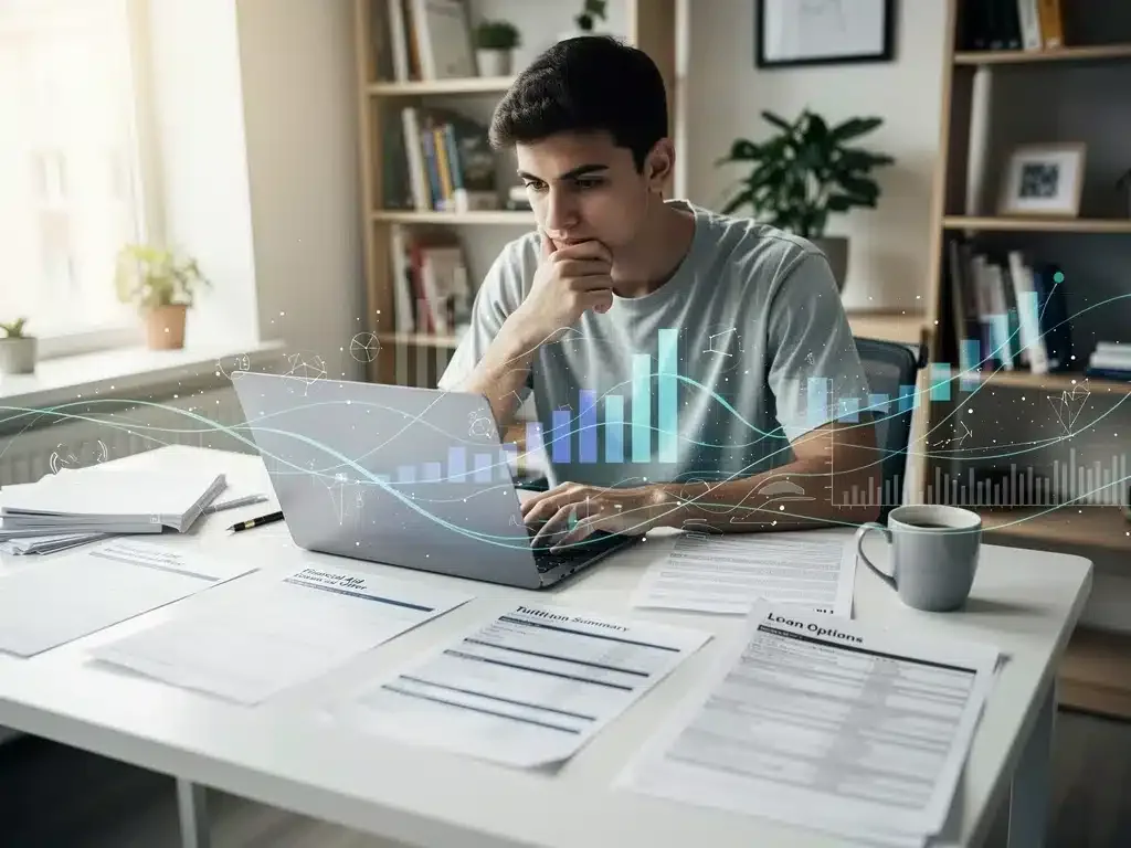 Student navigating financial aid appeals documents on a laptop