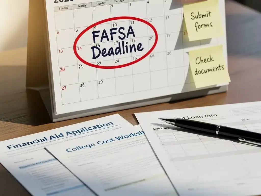 Calendar highlighting FAFSA deadline with financial aid forms