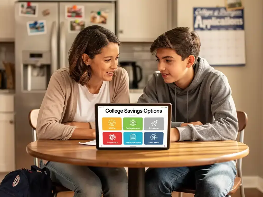Parent and student discussing college savings plans on tablet