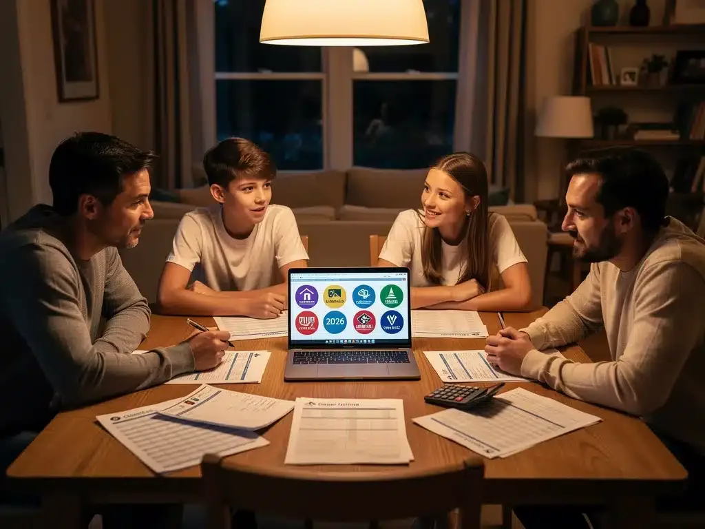 Family reviewing financial documents for college planning