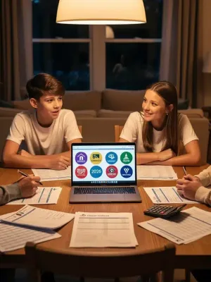 Family reviewing financial documents for college planning