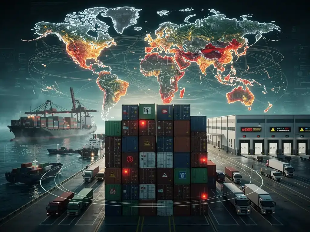 Global supply chain network experiencing disruptions, impacting consumer goods.