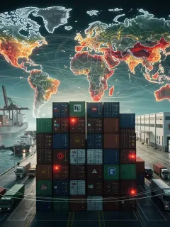 Global supply chain network experiencing disruptions, impacting consumer goods.