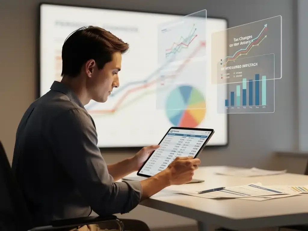 Person analyzing financial statements on a tablet, reflecting on tax law changes.