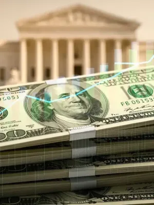 US dollar bills stacked with financial charts, US Treasury building in background, symbolizing secure investment.