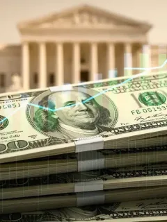 US dollar bills stacked with financial charts, US Treasury building in background, symbolizing secure investment.