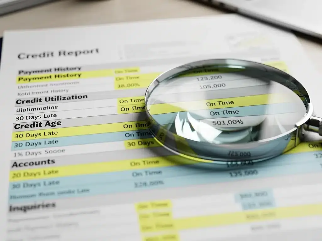 Close-up of credit report with magnifying glass