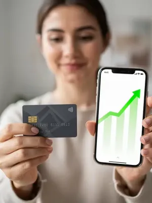 Person analyzing credit score on phone, holding credit card