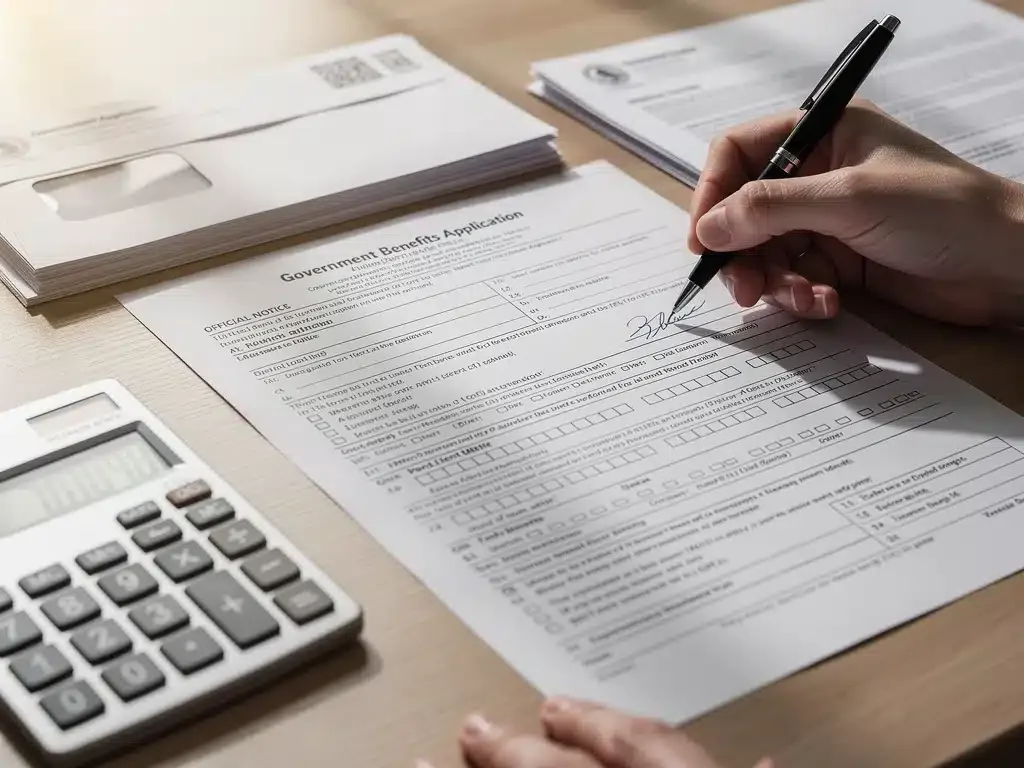 Hand filling out government application form for benefits