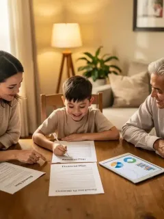 Family reviewing financial documents for survivor benefits planning