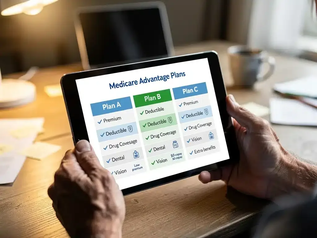 Comparing Medicare Advantage plan benefits on a digital tablet