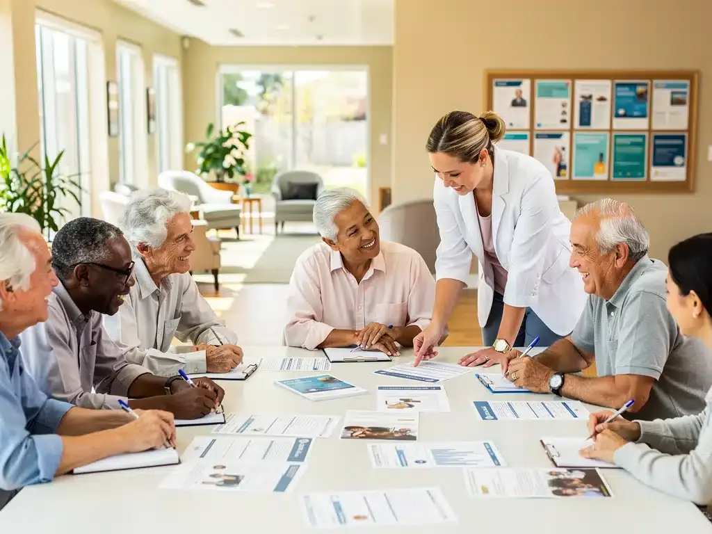 Seniors discussing 2026 Medicare Advantage plans with a healthcare advisor