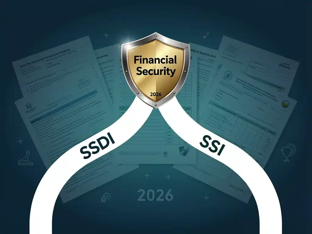 Illustration comparing SSDI and SSI paths to financial security in 2026