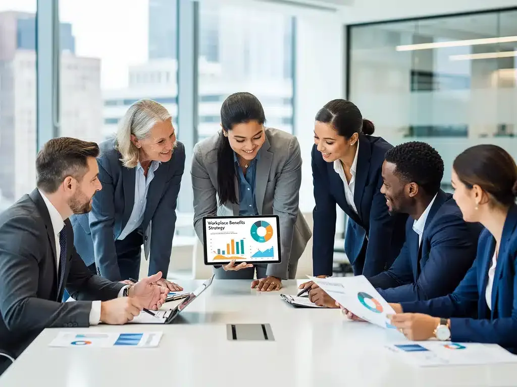 Professionals collaboratively reviewing 2026 workplace benefits strategies