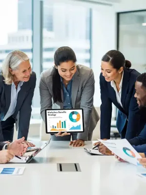 Professionals collaboratively reviewing 2026 workplace benefits strategies