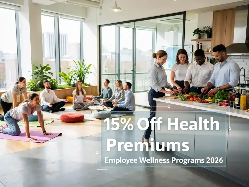 Employees engaged in diverse wellness activities, symbolizing health premium reductions.