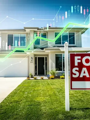 Home with financial charts symbolizing home equity growth