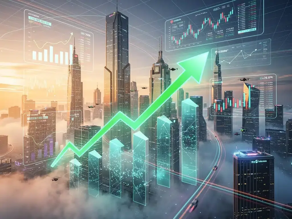 Futuristic city with digital financial data symbolizing investment opportunities 2026 growth