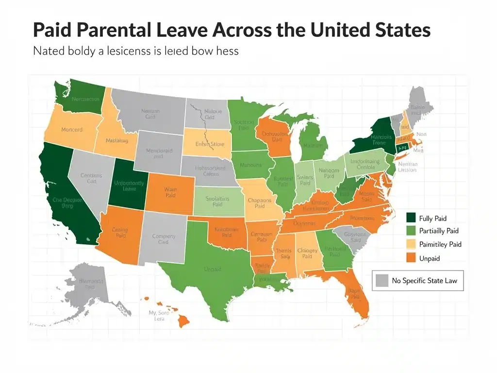 State-by-state map illustrating paid parental leave benefits across the US
