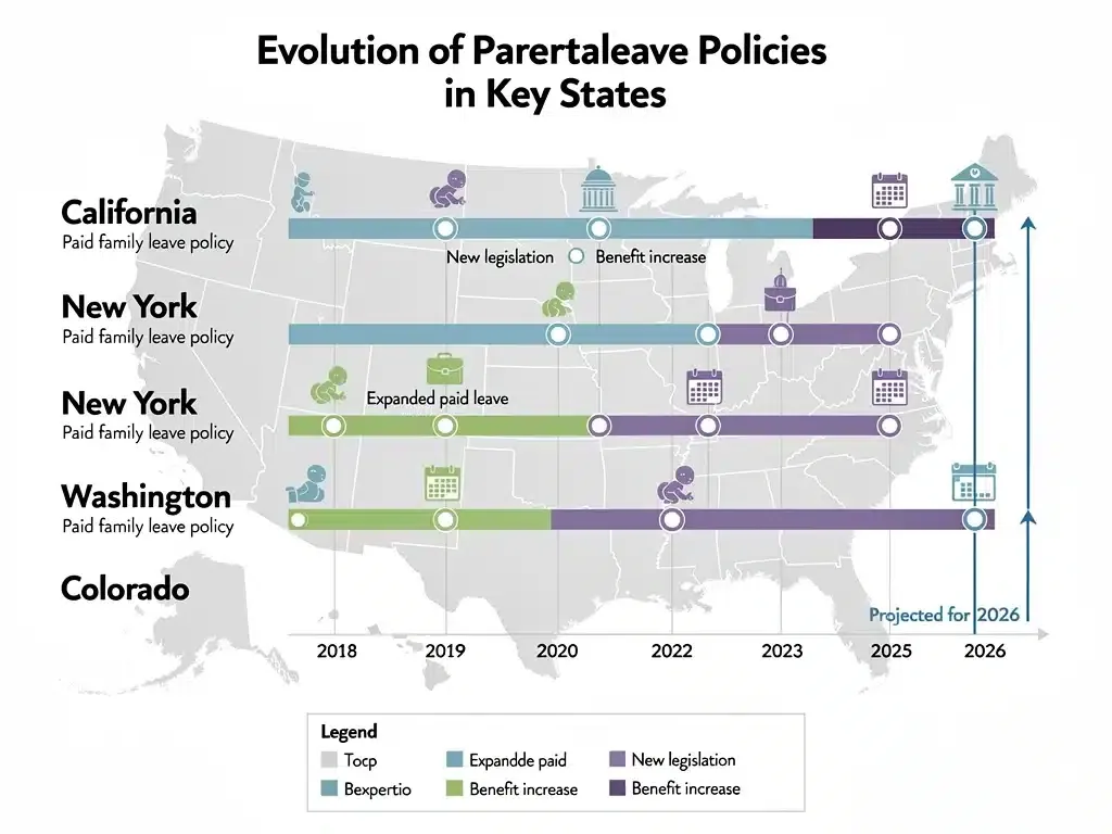 Timeline graphic showing the evolution of parental leave policies in US states