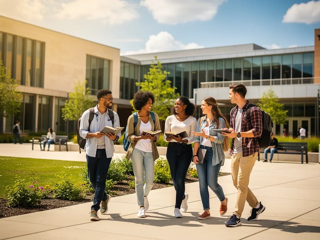 Diverse students walking on a modern university campus, symbolising accelerated learning and future-ready education.