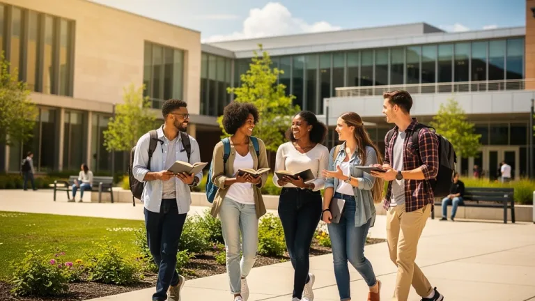 Diverse students walking on a modern university campus, symbolising accelerated learning and future-ready education.
