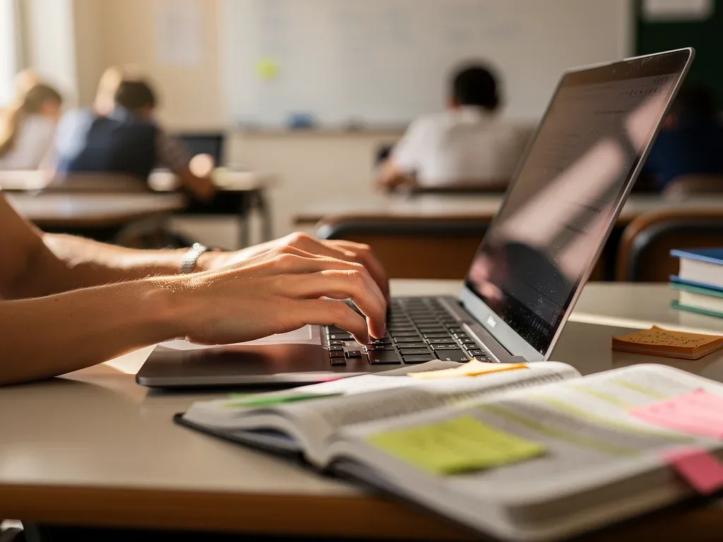 Student's hands typing on laptop, textbook open, symbolising focused accelerated learning.