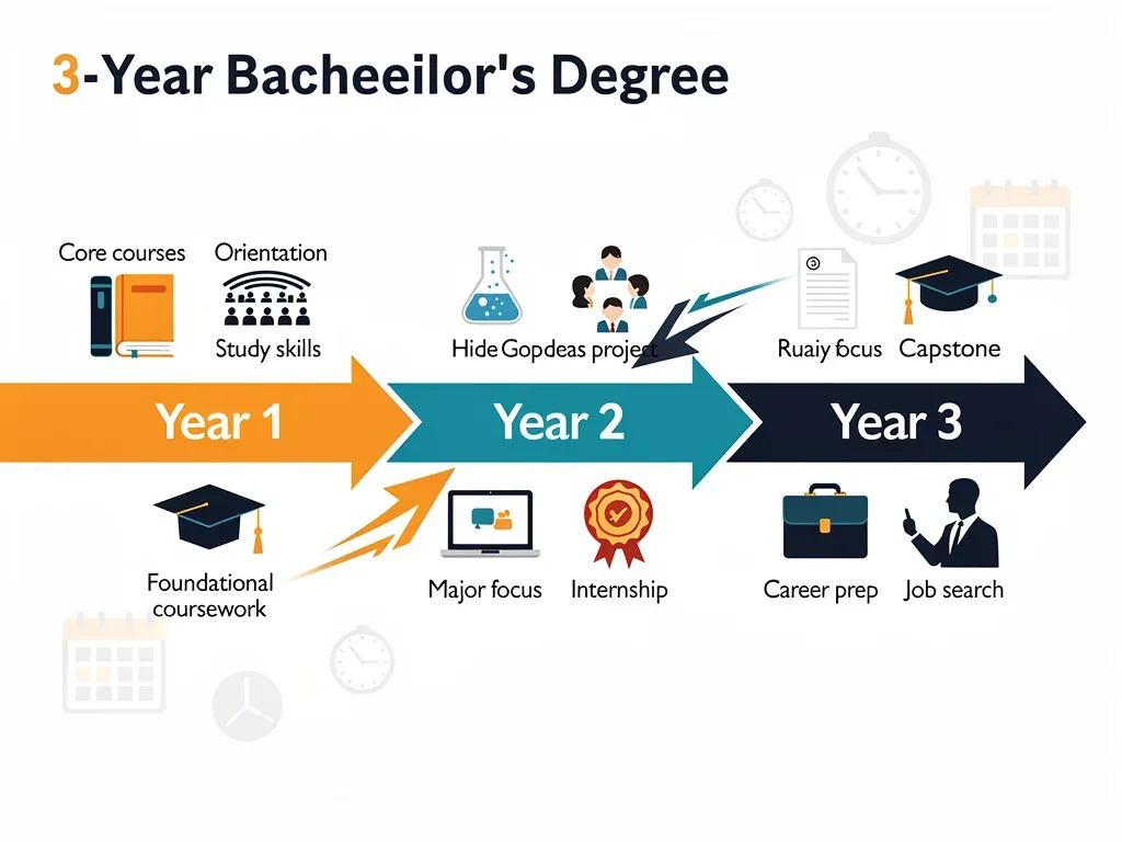 Illustrated timeline showing three years of a bachelor's degree, highlighting academic milestones and career preparation.
