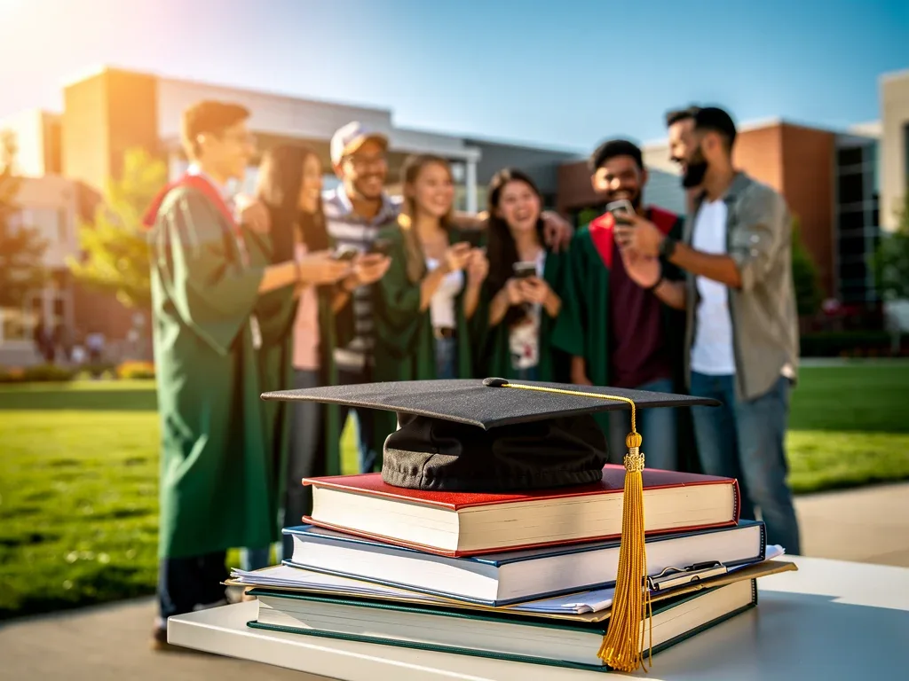 Students celebrating on campus, symbolising academic success and credit savings.