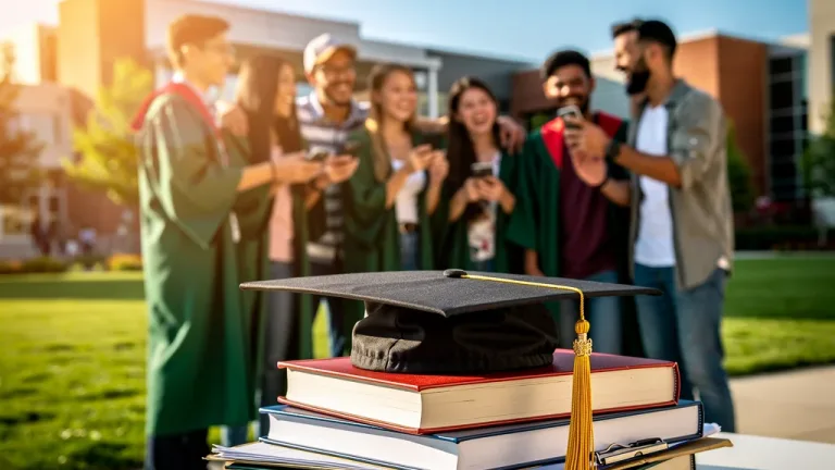 Students celebrating on campus, symbolising academic success and credit savings.