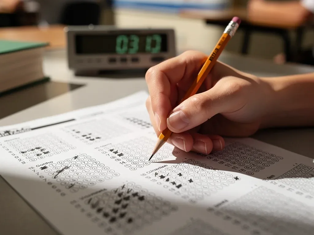 Student's hand writing answers on an AP exam paper, focusing on test-taking.