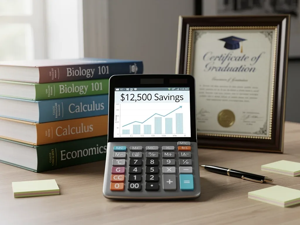 Financial calculator showing savings with textbooks and a graduation certificate.