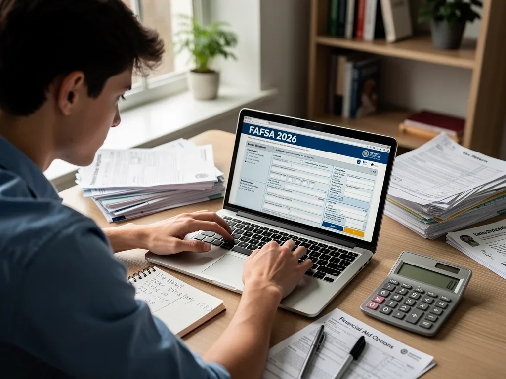 Student completing FAFSA form on laptop, financial aid optimisation