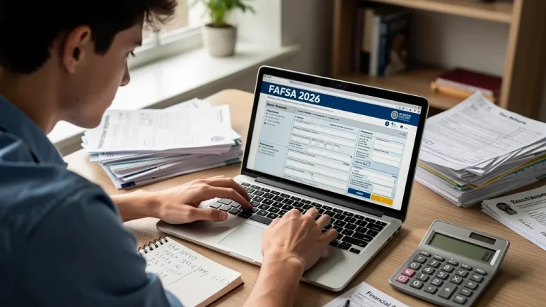 Student completing FAFSA form on laptop, financial aid optimisation